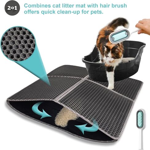 Palifel Cat Litter Mat and Brush Combination Set, 75 x 55 cm Litter Box Mat, Waterproof Urine Proof Mat, Double Cat Mat in Kuwait