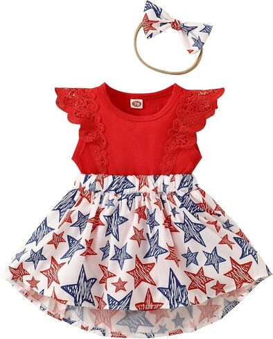 Newborn Baby Girl 4th of July Dress Independence Day Outfit Ruffle Lace Romper Sleeveless Top Star Stripe Skirt Set in Saudi Arabia