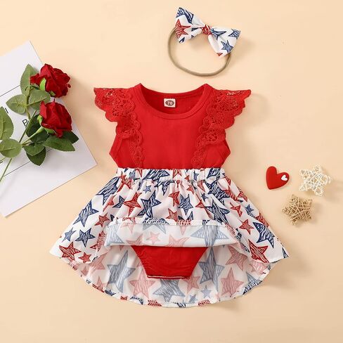 Newborn Baby Girl 4th of July Dress Independence Day Outfit Ruffle Lace Romper Sleeveless Top Star Stripe Skirt Set in Saudi Arabia