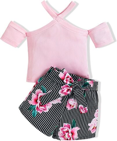 Toddler Girl Clothes Cold Shoulder Short Sleeve Top & Floral Striped Shorts Girl Summer Outfits Sets 1-6Y in Saudi Arabia