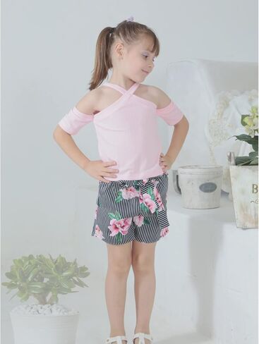 Toddler Girl Clothes Cold Shoulder Short Sleeve Top & Floral Striped Shorts Girl Summer Outfits Sets 1-6Y in Saudi Arabia