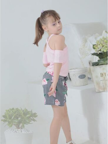 Toddler Girl Clothes Cold Shoulder Short Sleeve Top & Floral Striped Shorts Girl Summer Outfits Sets 1-6Y in Saudi Arabia