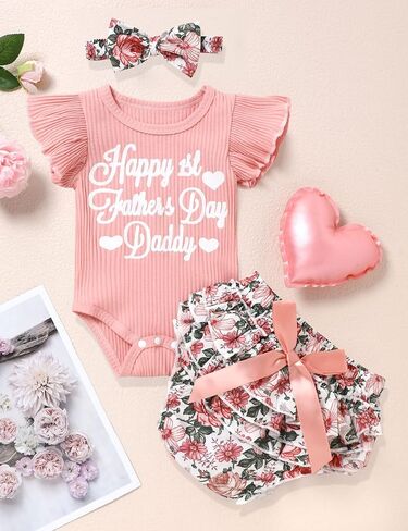طقم ملابس أطفال حديثي الولادة لعيد الأب للأطفال حديثي الولادة، مجموعة سراويل قصيرة من رومبير على شكل زهرة لعيد الأب الأول السعيد لعيد الأب الأول in Kuwait