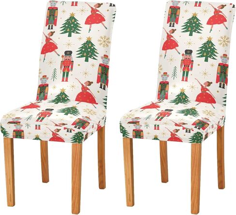 Christmas Tree Ballerina Soldier Dining Room Chair Covers Winter Gold Snowflakes Xmas Chair Slipcovers Seat Protector Removable Washable Chair Cover For Home Kitchen Restaurant Hotel 2pcs in Saudi Arabia