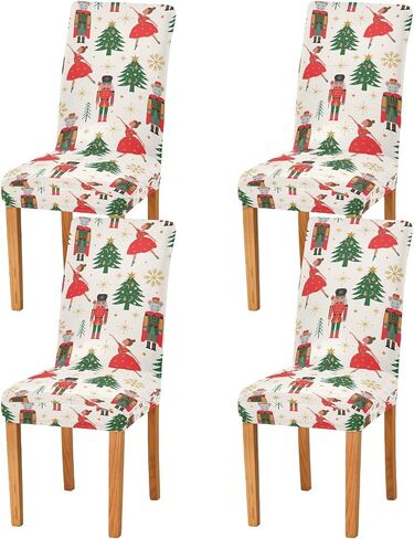 Christmas Tree Ballerina Soldier Dining Room Chair Covers Winter Gold Snowflakes Xmas Chair Slipcovers Seat Protector Removable Washable Chair Cover For Home Kitchen Restaurant Hotel 2pcs in Saudi Arabia