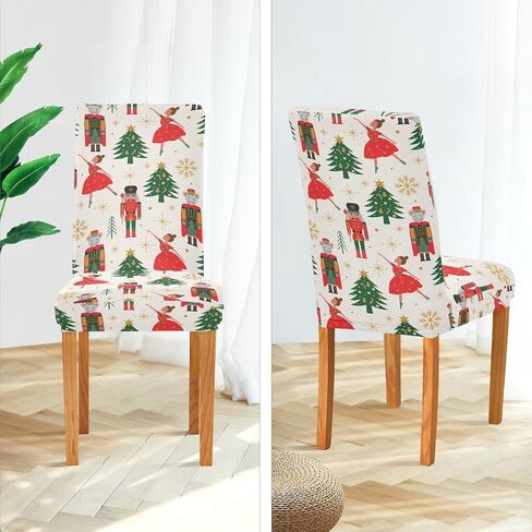 Christmas Tree Ballerina Soldier Dining Room Chair Covers Winter Gold Snowflakes Xmas Chair Slipcovers Seat Protector Removable Washable Chair Cover For Home Kitchen Restaurant Hotel 2pcs in Saudi Arabia