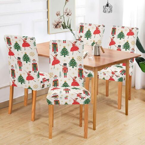 Christmas Tree Ballerina Soldier Dining Room Chair Covers Winter Gold Snowflakes Xmas Chair Slipcovers Seat Protector Removable Washable Chair Cover For Home Kitchen Restaurant Hotel 2pcs in Saudi Arabia