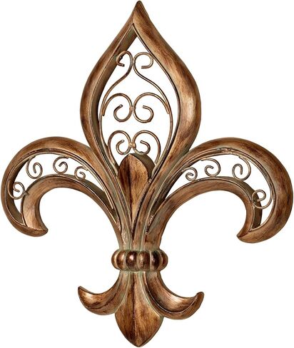 لوحة فنية جدارية من Adalina Fleur de Lis باللون الذهبي المصقول - مصنوعة من الراتنج، ديكور معدني ملتف - نمط فرنسي تقليدي - شعار روماني للمنزل - يبلغ عرضها 16 بوصة وارتفاعها 17 بوصة in Kuwait