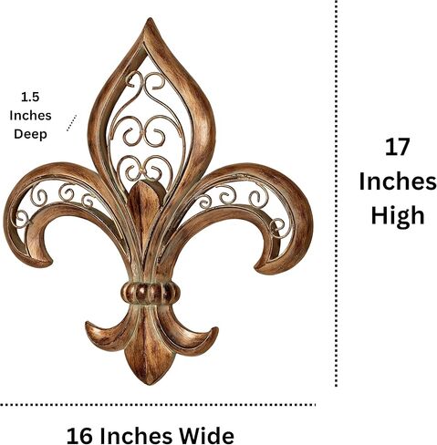 لوحة فنية جدارية من Adalina Fleur de Lis باللون الذهبي المصقول - مصنوعة من الراتنج، ديكور معدني ملتف - نمط فرنسي تقليدي - شعار روماني للمنزل - يبلغ عرضها 16 بوصة وارتفاعها 17 بوصة in Kuwait
