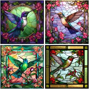 4 Pieces Stained Glass Window Clings Anti-Collision Hummingbird Window Clings Decals Removable Non Adhesive Vinyl Cling Window Stickers Window Decoration Decals