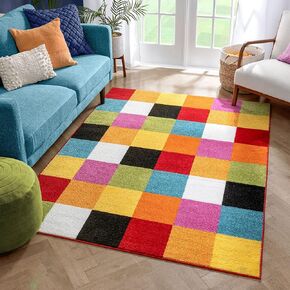 Well Woven Modern Rug Squares Multi Geometric 5' x 7' Area Rug Entryway Bright Kids Room Kitchn Bedroom Carpet Bathroom Soft Durable Area Rug