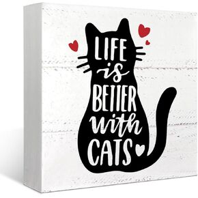 Mtrgdn Life is Better with Cats Wood Box Sign Desk Decor Funny Cat Kitty Wooden Box Block Sign Decorations for Home Wall Tabletop Desk Decor Cat Lover Gifts in Saudi Arabia