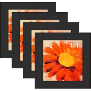 AEVETE 8x8 Picture Frames Black Wood 4 Pack Wall Tabletop Square Frames for 8x8 without Mat and 4x4 with Mat