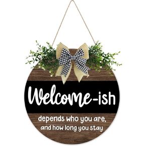 Welcome Sign Welcome-Ish Front Door Sign Funny Wreath Hanging Wooden Plaque Decorative Round Rustic Wood Farmhouse Porch Decor For Home Front Door Decor, Vintage Style in Kuwait