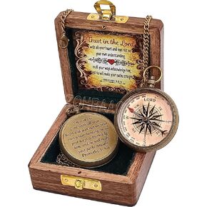 Trust in The Lord with All Your Heart - Proverb 3: 5-6 Engraved Brass Compass With Wooden Box, Camping Compass, Religious Gifts, Graduation Day Gifts for Boys & Girls, Gift for Son, Grandson, Daughter in Kuwait