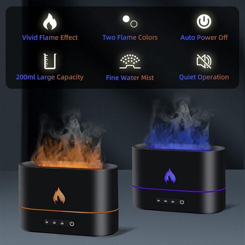 Mcbazel Aroma Flame Diffuser Air Humidifier, 250mL Mist Diffuser Humidifier Essential Oil Diffuser with 3D Flame Light for Spa, Home, Office, Yoga, Bedroom, Gym - Black in Saudi Arabia