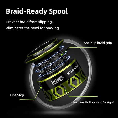 RUNCL بكرة الصيد الدوارة RORAIMA، بكرة الصيد - جسم معدني كامل، 7+1 BB، ألياف الكربون 17.5 رطل أقصى سحب، بكرة جاهزة للتضفير، بكرة مصنوعة باستخدام الحاسب الآلي - بكرة دوارة لصيد الأسماك في المياه العذبة الناعمة للمبتدئين in Kuwait