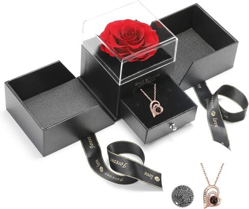 قلادة OEGINFIT محفوظة على شكل وردة حقيقية مع قلادة على شكل قلب أحبك بـ 100 لغة مع صندوق هدايا للأم والزوجة والصديقة في عيد الميلاد وعيد الأم وعيد الحب وهدايا عيد الميلاد للنساء in Kuwait