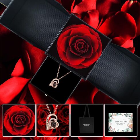 قلادة OEGINFIT محفوظة على شكل وردة حقيقية مع قلادة على شكل قلب أحبك بـ 100 لغة مع صندوق هدايا للأم والزوجة والصديقة في عيد الميلاد وعيد الأم وعيد الحب وهدايا عيد الميلاد للنساء in Kuwait