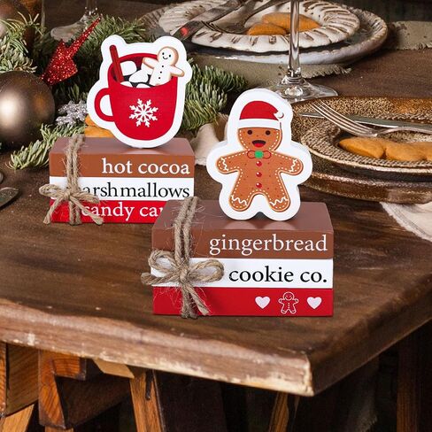 Whaline 8Pcs Christmas Wooden Book Stacks with Hemp Rope Hot Cocoa Gingerbread Man Faux Book Bundles Winter Xmas Tabletop Centerpieces for Tiered Tray Entryway Home Decoration in Saudi Arabia