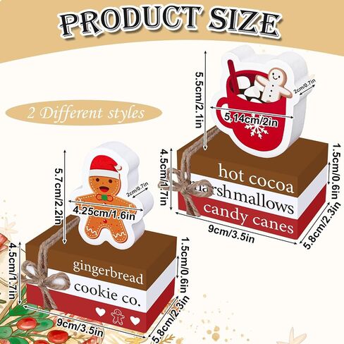 Whaline 8Pcs Christmas Wooden Book Stacks with Hemp Rope Hot Cocoa Gingerbread Man Faux Book Bundles Winter Xmas Tabletop Centerpieces for Tiered Tray Entryway Home Decoration in Saudi Arabia