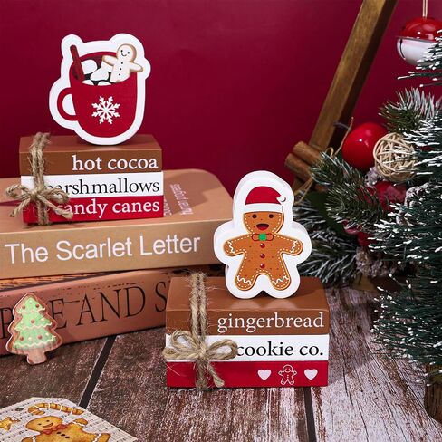 Whaline 8Pcs Christmas Wooden Book Stacks with Hemp Rope Hot Cocoa Gingerbread Man Faux Book Bundles Winter Xmas Tabletop Centerpieces for Tiered Tray Entryway Home Decoration in Saudi Arabia