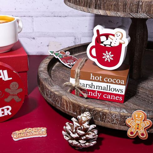 Whaline 8Pcs Christmas Wooden Book Stacks with Hemp Rope Hot Cocoa Gingerbread Man Faux Book Bundles Winter Xmas Tabletop Centerpieces for Tiered Tray Entryway Home Decoration in Saudi Arabia