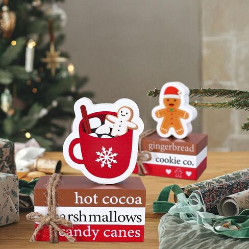 Whaline 8Pcs Christmas Wooden Book Stacks with Hemp Rope Hot Cocoa Gingerbread Man Faux Book Bundles Winter Xmas Tabletop Centerpieces for Tiered Tray Entryway Home Decoration in Saudi Arabia