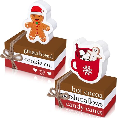 Whaline 8Pcs Christmas Wooden Book Stacks with Hemp Rope Hot Cocoa Gingerbread Man Faux Book Bundles Winter Xmas Tabletop Centerpieces for Tiered Tray Entryway Home Decoration in Saudi Arabia