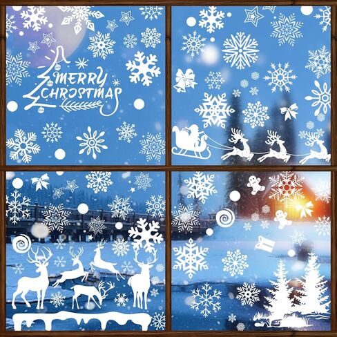 ملصقات نوافذ الكريسماس من OLIKER 260+ قطعة (10 ورقات)، ملصقات نوافذ عيد الميلاد البيضاء المرحة لعيد الميلاد المجيد، ملصقات النوافذ فروزن وينتر وندرلاند in Kuwait