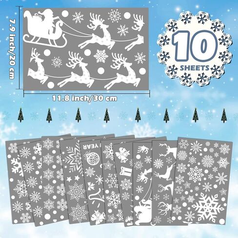 ملصقات نوافذ الكريسماس من OLIKER 260+ قطعة (10 ورقات)، ملصقات نوافذ عيد الميلاد البيضاء المرحة لعيد الميلاد المجيد، ملصقات النوافذ فروزن وينتر وندرلاند in Kuwait