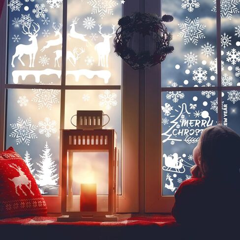 ملصقات نوافذ الكريسماس من OLIKER 260+ قطعة (10 ورقات)، ملصقات نوافذ عيد الميلاد البيضاء المرحة لعيد الميلاد المجيد، ملصقات النوافذ فروزن وينتر وندرلاند in Kuwait