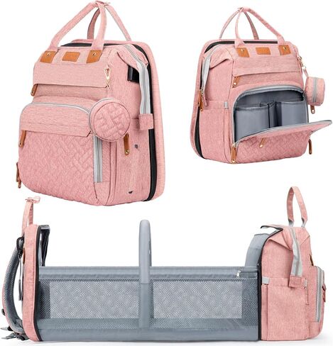 Shengmeister Diaper Bag, Baby Essentials, Multi-functional Large-capacity Diaper Bag Backpack, Best Gift for Newborns with Diaper Changing Station, Travel Essentials Diaper Bag Backpack (Pink) in Saudi Arabia
