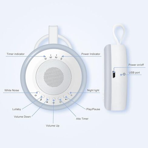 آلة صوت بيضاء محمولة للرضع: سهلة الارتداء في المنزل 2 في 1 ضوء ليلي | 16 صوت تهويدات مهدئة، وأصوات طبيعية و3 إعدادات مؤقت للسفر | قابلة للشحن عبر USB | سهلة التعليق | GM-02 in Kuwait