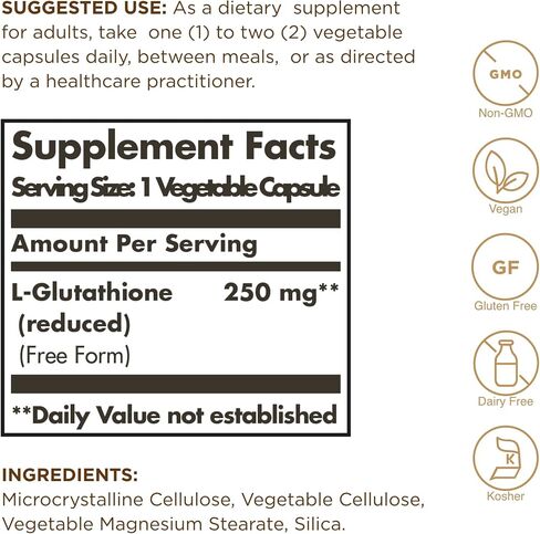 Solgar Reduced L-Glutathione 250 mg, 30 Vegetable Capsules - Antioxidant Support - Free Form Amino Acids - Non-GMO, Vegan, Gluten Free, Dairy Free, Kosher - 30 Servings in Saudi Arabia