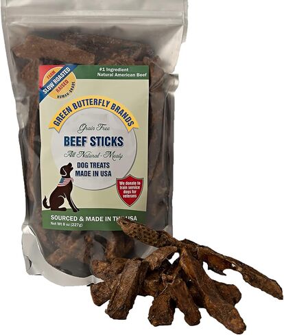 Green Butterfly Brands Meaty Beef Sticks – Human Grade, Grain Free, All Natural Beef Dog Treats Made in USA – Premium Slow Roasted American Beef – Grass Fed, Farm Raised – Crunchy Training Treat 8 Oz in Kuwait