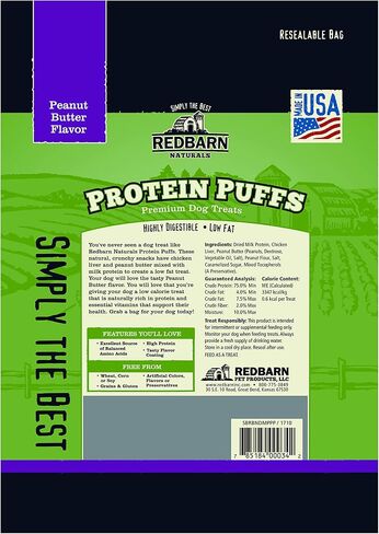 Redbarn Protein Puffs for Dogs | A Human-Grade High-Protein Training Treat or Food Topper | Made in The USA (Peanut Butter, Pack of 3) in Saudi Arabia
