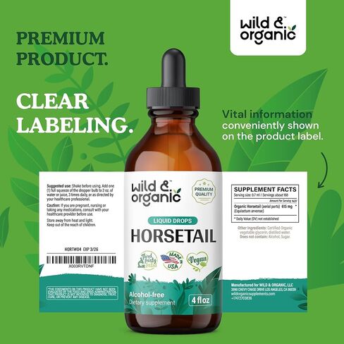 Wild & Organic Horsetail Liquid Extract - Horsetail Herb Supplement for Hair Growth - Vegan, Alcohol Free Drops - 2 fl oz in Kuwait