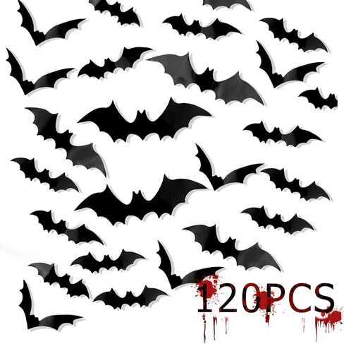 120 Pcs 3D Bats Stickers, Halloween Party Supplies Waterproof Scary Bats Wall Decor DIY Home Window Decor, Removable Bats Stickers for Indoor Outdoor Halloween Wall Decorations in Kuwait