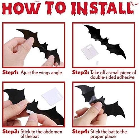 120 Pcs 3D Bats Stickers, Halloween Party Supplies Waterproof Scary Bats Wall Decor DIY Home Window Decor, Removable Bats Stickers for Indoor Outdoor Halloween Wall Decorations in Kuwait