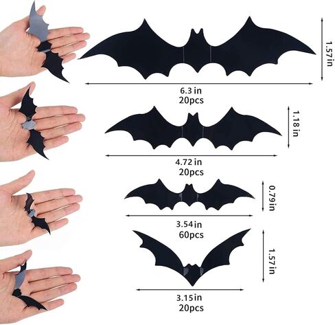 120 Pcs 3D Bats Stickers, Halloween Party Supplies Waterproof Scary Bats Wall Decor DIY Home Window Decor, Removable Bats Stickers for Indoor Outdoor Halloween Wall Decorations in Kuwait