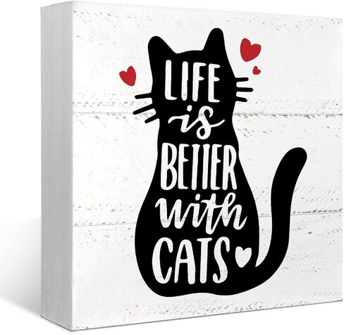 Mtrgdn Life is Better with Cats Wood Box Sign Desk Decor Funny Cat Kitty صندوق خشبي كتلة لافتة زينة للمنزل جدار الطاولة ديكور مكتب هدايا محبي القطط in Saudi Arabia