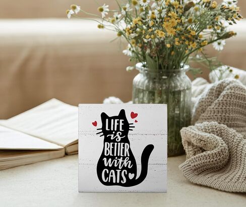Mtrgdn Life is Better with Cats Wood Box Sign Desk Decor Funny Cat Kitty صندوق خشبي كتلة لافتة زينة للمنزل جدار الطاولة ديكور مكتب هدايا محبي القطط in Saudi Arabia