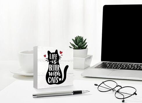 Mtrgdn Life is Better with Cats Wood Box Sign Desk Decor Funny Cat Kitty صندوق خشبي كتلة لافتة زينة للمنزل جدار الطاولة ديكور مكتب هدايا محبي القطط in Saudi Arabia