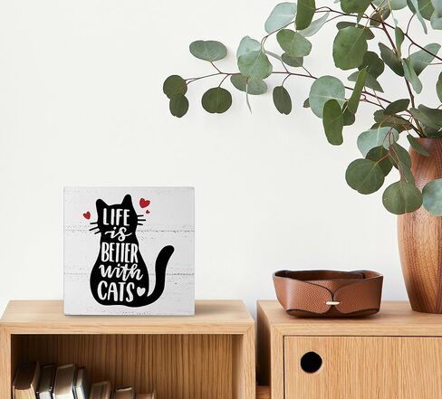 Mtrgdn Life is Better with Cats Wood Box Sign Desk Decor Funny Cat Kitty صندوق خشبي كتلة لافتة زينة للمنزل جدار الطاولة ديكور مكتب هدايا محبي القطط in Saudi Arabia
