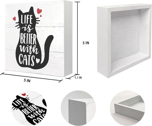 Mtrgdn Life is Better with Cats Wood Box Sign Desk Decor Funny Cat Kitty صندوق خشبي كتلة لافتة زينة للمنزل جدار الطاولة ديكور مكتب هدايا محبي القطط in Saudi Arabia