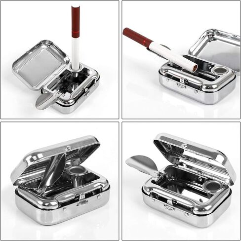 منفضة سجائر صغيرة للجيب مقاومة للرياح مع غطاء من الستانلس ستيل، منفضة سجائر للسيارة في الهواء الطلق (فضي) in Kuwait