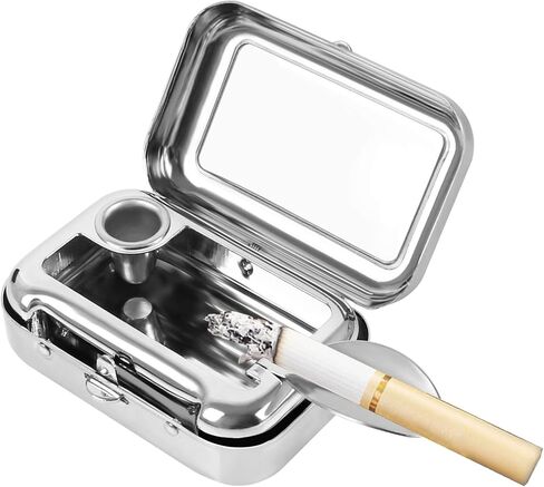 منفضة سجائر صغيرة للجيب مقاومة للرياح مع غطاء من الستانلس ستيل، منفضة سجائر للسيارة في الهواء الطلق (فضي) in Kuwait