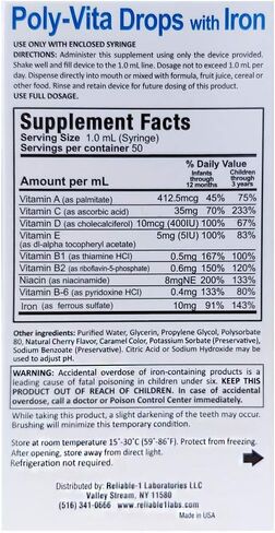 Reliable-1 Laboratories Poly-Vita Infant Toddler Multivitamins Drops + Iron Baby Iron Supplement | Toddler Essentials Multivitamin | Alcohol & Sugar Free – Natural Fruit Flavor | 1 2/3 Fl Oz in Kuwait