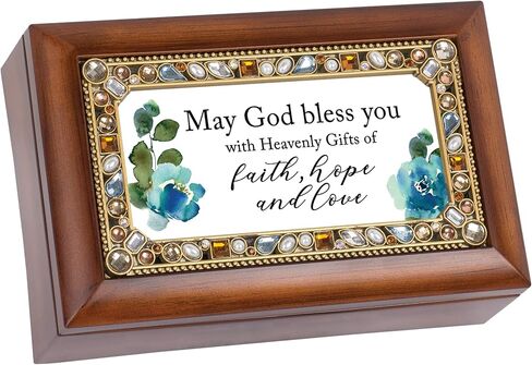 Cottage Garden Faith, Hope, and Love Jeweled Woodgrain Petite Musical Box Plays Tune Friend in Jesus in Saudi Arabia
